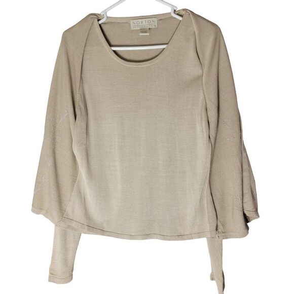 Norton McNaughton Silk Embroidered Sweater Sequin Beige With Cami Ruffle Tie S - Picture 2 of 10